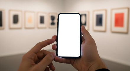 Blank Smartphone Screen in Art Gallery Modern Museum Exhibit Mobile Phone Mockup Technology App Design