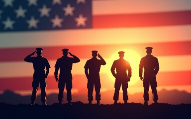 USA army soldiers saluting on a background of sunset or sunrise and USA flag. Greeting card for Veterans Day, Memorial Day, Independence Day. America celebration. 3D-rendering. High quality