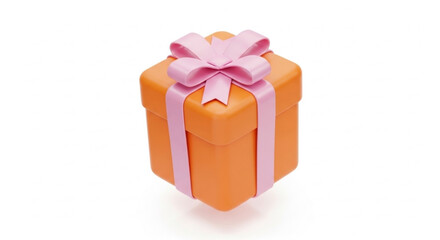 Orange gift box with pink ribbon and bow on white background present