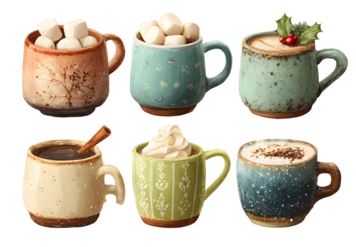 Christmas holiday coffee mug. Cocoa with marshmallows, winter warming drinks and hot espresso cup. Xmas hot chocolate mugs or winter cappuccino and latte cups. Isolated vector illustration icons set - Powered by Adobe