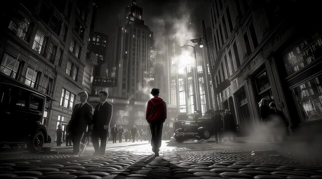 empty New York City street at dawn, steam rising from grates, dim streetlights, lone figure in a red hoodie walking away from camera, faint ghostly reflections of faceless people in storefront windows