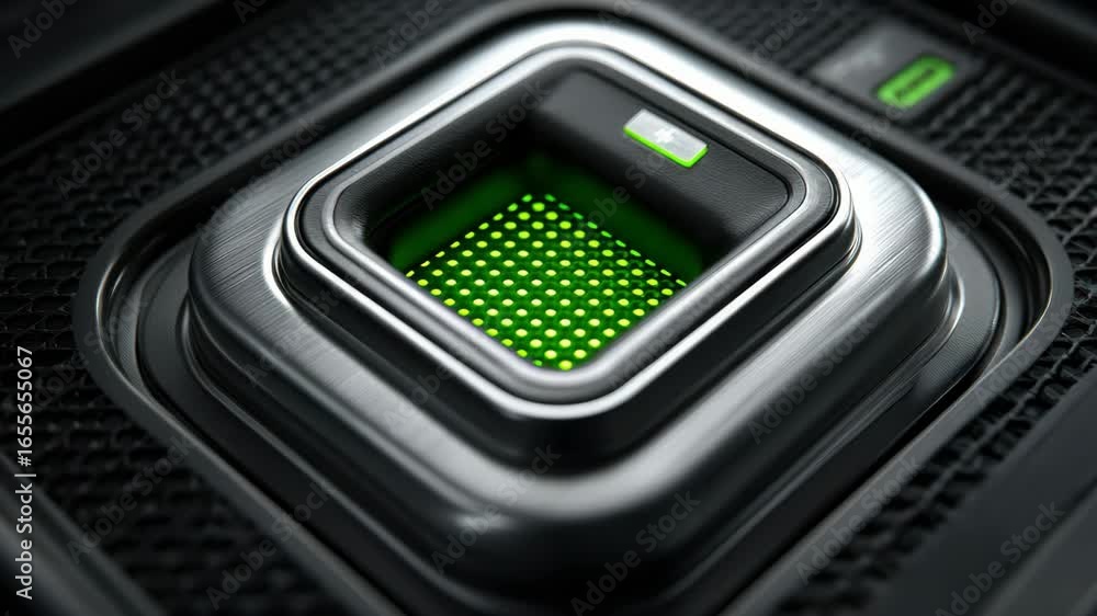 Poster advanced technology in high tech device metallic frame with glowing green elements showcasing modern