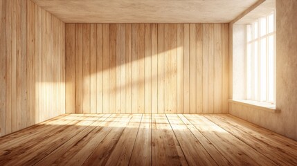 Sunlight streams through a large window, illuminating a spacious wooden interior with light-colored walls and a polished wood floor. The atmosphere is warm and inviting.