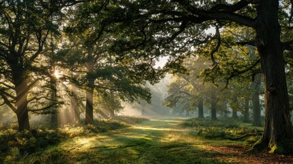 Fototapeta premium Soft sunlight breaks through the leaves of tall trees, illuminating a tranquil path in the forest. The scene captures the serenity of nature at dawn, with dew on grass and gentle shadows.