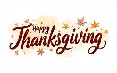 happy thanksgiving brush pen lettering. watercolor splash and linear leaves background. design holiday greeting card and invitation of seasonal american and canadian autumn holiday. High quality