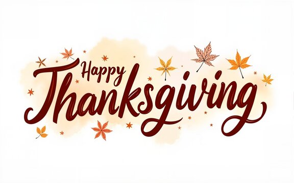 happy thanksgiving brush pen lettering. watercolor splash and linear leaves background. design holiday greeting card and invitation of seasonal american and canadian autumn holiday. High quality - Powered by Adobe