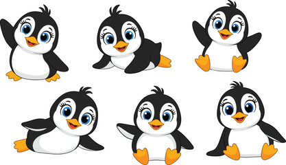 Cute baby penguins cartoon, adorable playful penguin characters, funny animals illustration, happy penguin set, wildlife cartoon art, kids animal design collection, cheerful wildlife icons