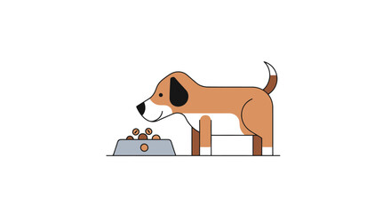 Cartoon Dog Eating Food from Bowl Illustration for Pet Care, Veterinary Services, and Animal Product Advertising with a Modern, Minimalist Design