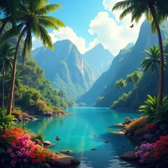 Serene Tropical Valley Oasis with Crystal Blue Waters and Lush Greenery