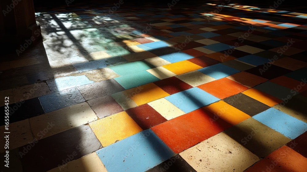 Poster brightly colored tiles create a mosaic on the floor, reflecting warm hues and geometric patterns. su