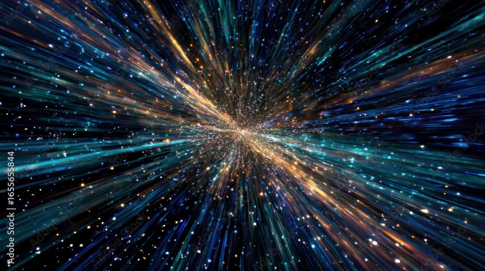 Poster bursting colors and streams of light depict a cosmic explosion in deep space, filled with stars and 