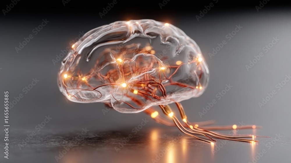 Poster brain emitting bright light symbolizing creative thought and robotic neural interconnection in busin