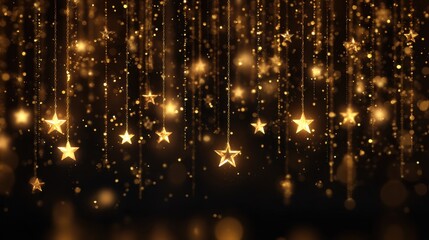 Obraz premium Golden stars dangle from above, shimmering in a dark setting. The sparkling lights evoke a sense of wonder and enchantment, suitable for various festive occasions.