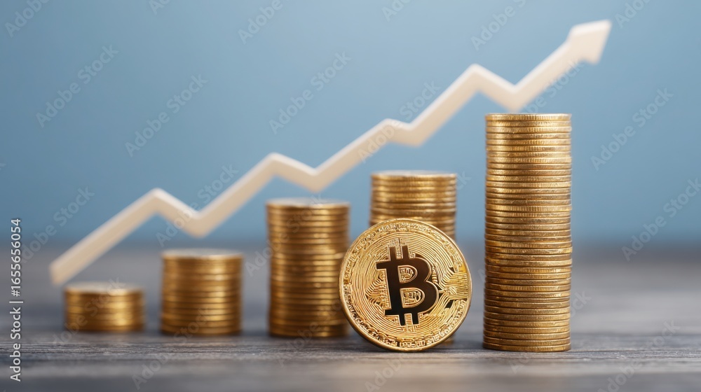 Poster stack of coins with rising graph indicating positive trends in cryptocurrency market and investment 