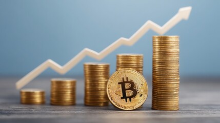 Stack of coins with rising graph indicating positive trends in cryptocurrency market and investment forecasting dynamics