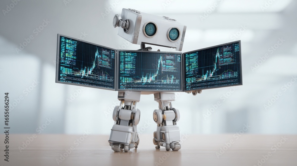 Poster advanced robot holding two monitors while overseeing business processes and enhancing operational ef