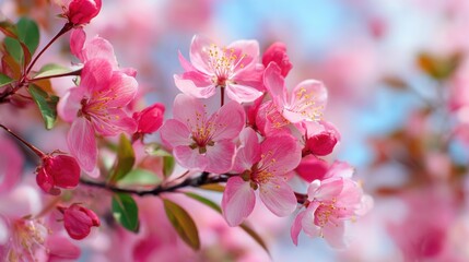 Obraz premium A branch of cherry blossoms is covered with pink flowers, bringing color to the landscape during a sunny spring day. The blossoms display intricate details and lively colors.