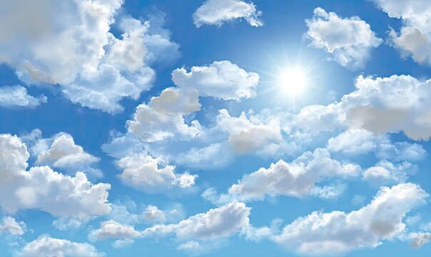 Bright blue sky dotted with puffy white clouds. Sunlight prominent