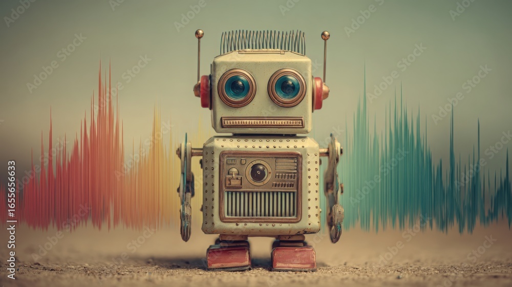 Aufkleber unique robot image surrounded by sound waves signifying the connection between robotics and audio da
