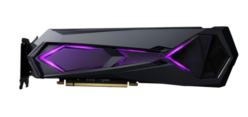 Futuristic graphics card featuring illuminated purple accents for gaming or computer enthusiasts on transparent background.