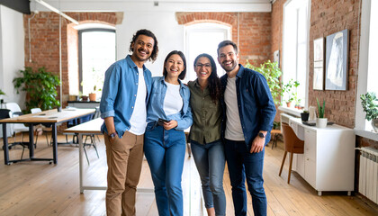 Joyful Team in Modern Workspace: A group of diverse and cheerful colleagues stand together in a spacious, well-lit office, their smiles reflecting the harmonious and dynamic work environment.