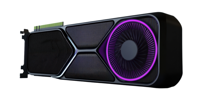 Modern high performance graphics card isolated depicting latest technology for gaming or computing o transparent background.