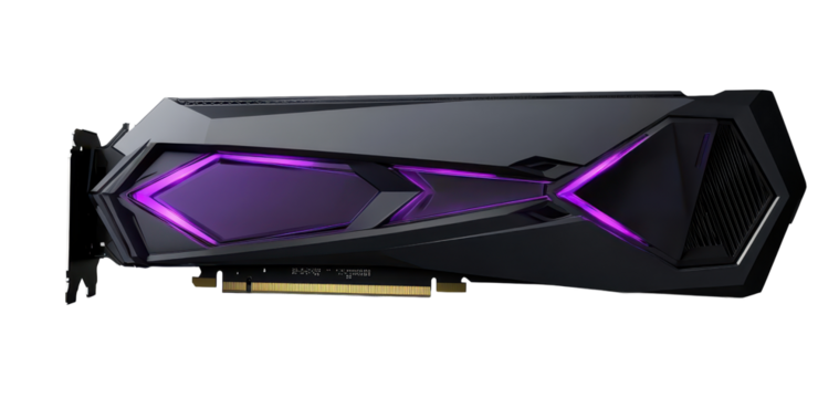 Futuristic graphics card featuring illuminated purple accents for gaming or computer enthusiasts on transparent background.