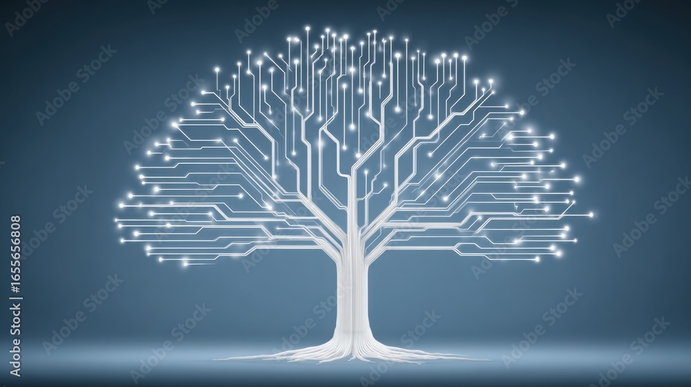 Poster intriguing circuit board tree image illustrating the fusion of nature and technology in ai-driven de