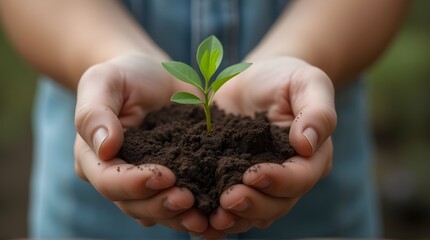 Hands holding a young green seedling in soil, symbol of sustainability and eco-friendly lifestyle, natural soft light, high resolution, premium stock photo