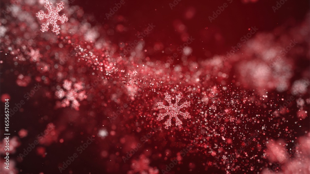 Poster flurries of snowflakes float through a vibrant red backdrop, creating a magical winter scene perfect