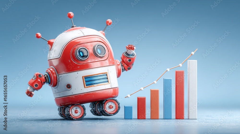 Poster robot with bar chart projecting business forecasts utilizing artificial intelligence for data analys