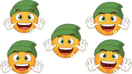Funny drooling emoji wearing green beanie, cute cartoon emoticon with hands, playful smiling face, happy expression, cheerful digital sticker, colorful emotion icon illustration