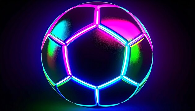 Futuristic soccer ball illuminated with vibrant neon lights in dark background