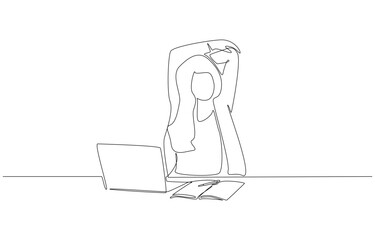 Continuous one line drawing of businesswoman stretching arms behind head at her working desk, presenting moment of relaxation during work, single line art