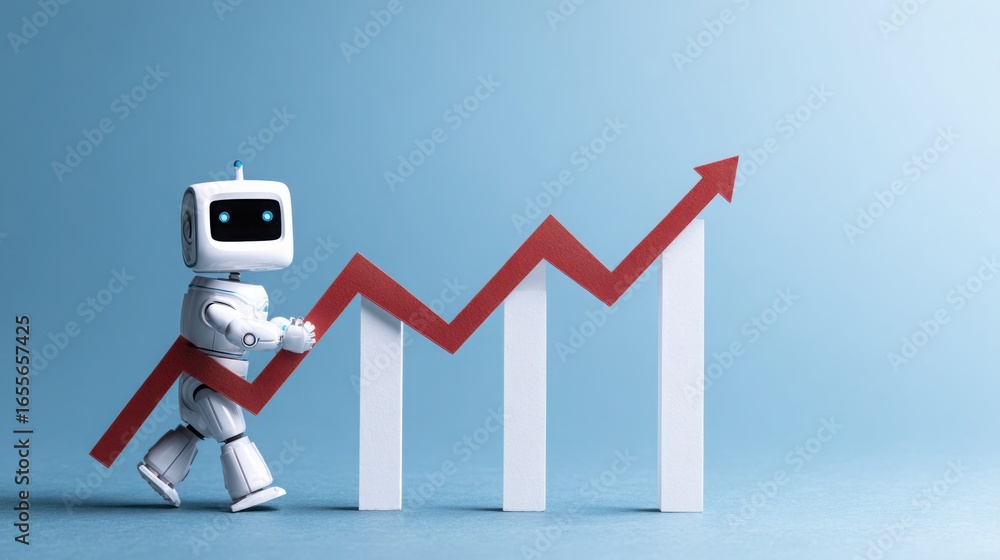 Aufkleber robot holding red arrow representing business growth bot concept and advancements in economic foreca