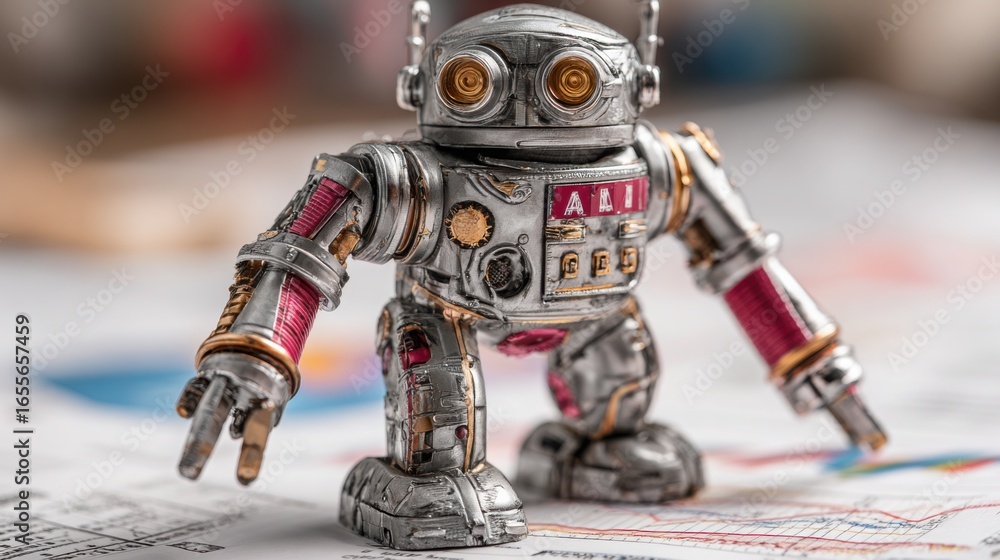 Poster robot toy on table representing business intelligence bot concept and the role of ai tools in data c