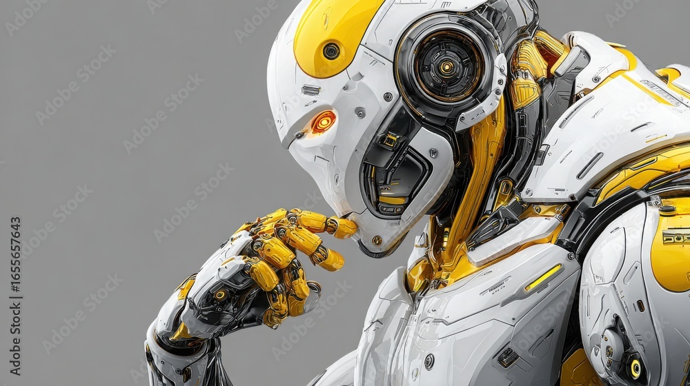 Aufkleber advanced robot holding a cell phone illustrating business intelligence bot concept for communication