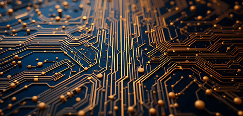 Intricate golden circuit board pathways with blurry blue background