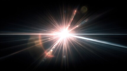 Obraz premium White Light Beam on Black Background with Star-Shaped Radiance and Laser Lens Flare, Dynamic Speed and Passion Atmosphere, High-Speed Shutter Effect High-Definition Photography