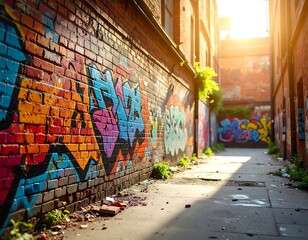 Urban alleyway with colorful graffiti