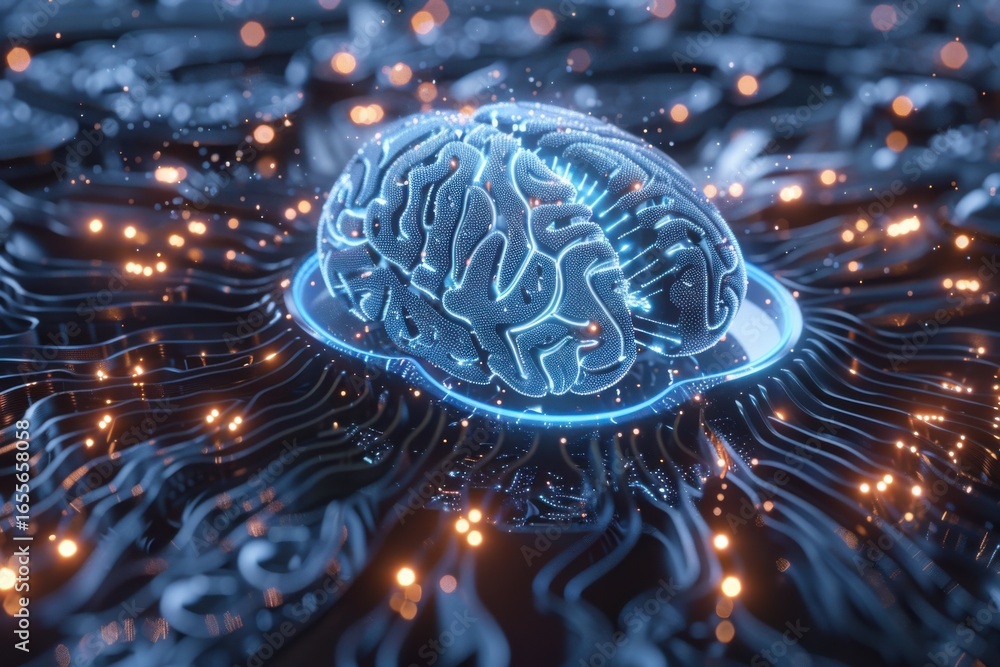 Poster ai brain chip with holographic neural network and glowing pathways