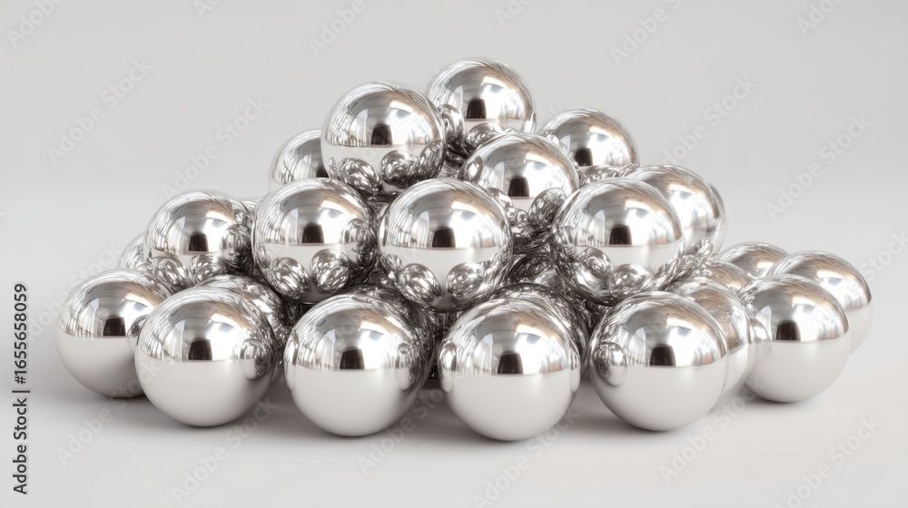 Poster a collection of shiny metallic balls is arranged in a pyramid shape on a light background. the surfa