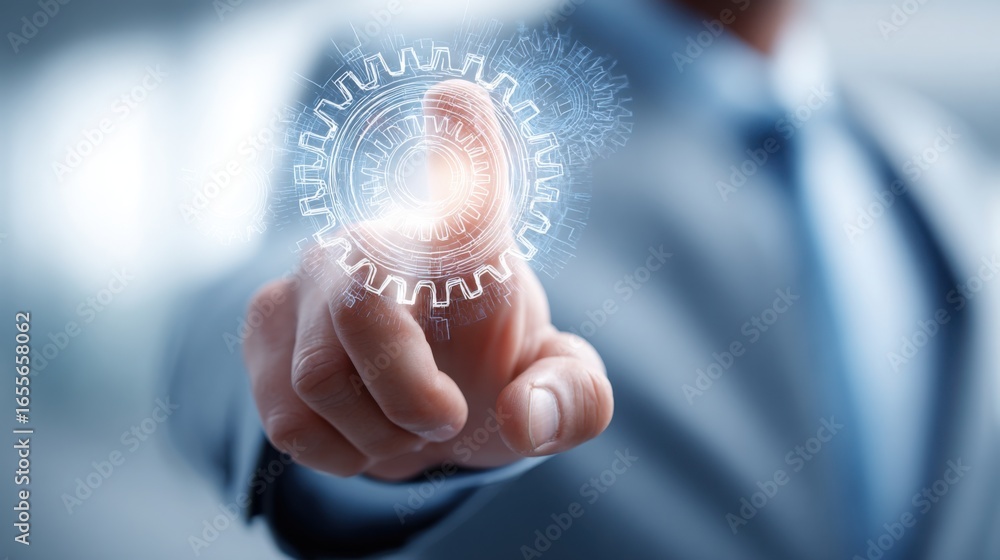 Poster a businessman in a suit interacting with a virtual interface representing advanced business intellig
