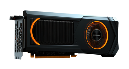 Modern high performance graphics card with orange lighting and powerful cooling system on transparent background.