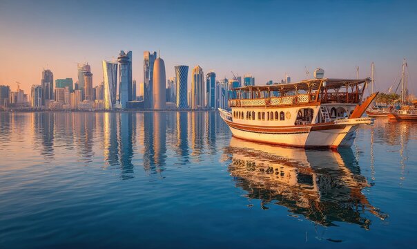 Sunrise over Doha skyline, dhow boat reflecting