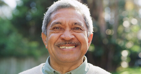 Portrait, retirement and smile of old man in nature for break, relax or wellness on weekend morning. Outdoor, proud and satisfaction with happy senior person in quiet for chilling or me time