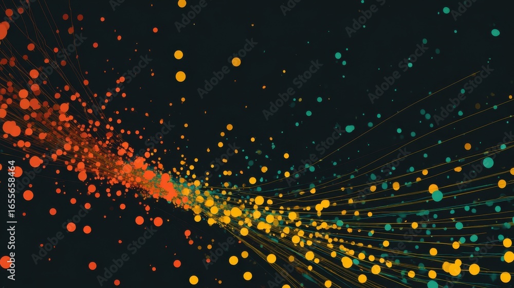 Poster vibrant dots in shades of red, orange, and yellow flow across a dark background, creating a captivat