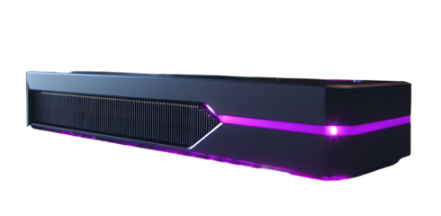 Futuristic high-tech device with glowing purple accents and sleek modern design on transparent background.