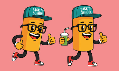 Happy cartoon juice box characters walking with green drink, red sneakers, teal caps, black arms, glasses, thumbs up, smiling faces, back to school theme, pink background, vector art