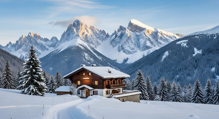 Fototapeta premium Idyllic winter escape in the Dolomites, showcasing a charming chalet nestled amidst snow-covered landscapes, towering mountains, and dense evergreen forests under a clear blue sky offering serene
